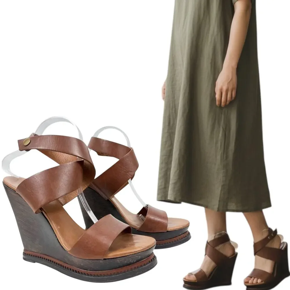 Diane Von Furstenberg Omni Ankle Wrap Platform Wedge Sandals Brown Size 9.5